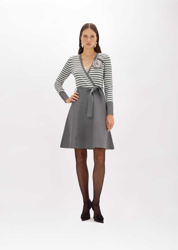 STRIPED DRESS WITH ROSE BROOCH