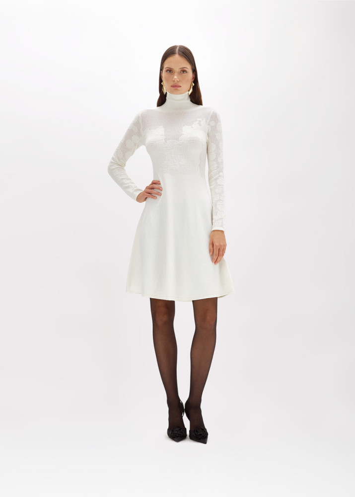 FLORAL LACE STITCH MOCK NECK DRESS