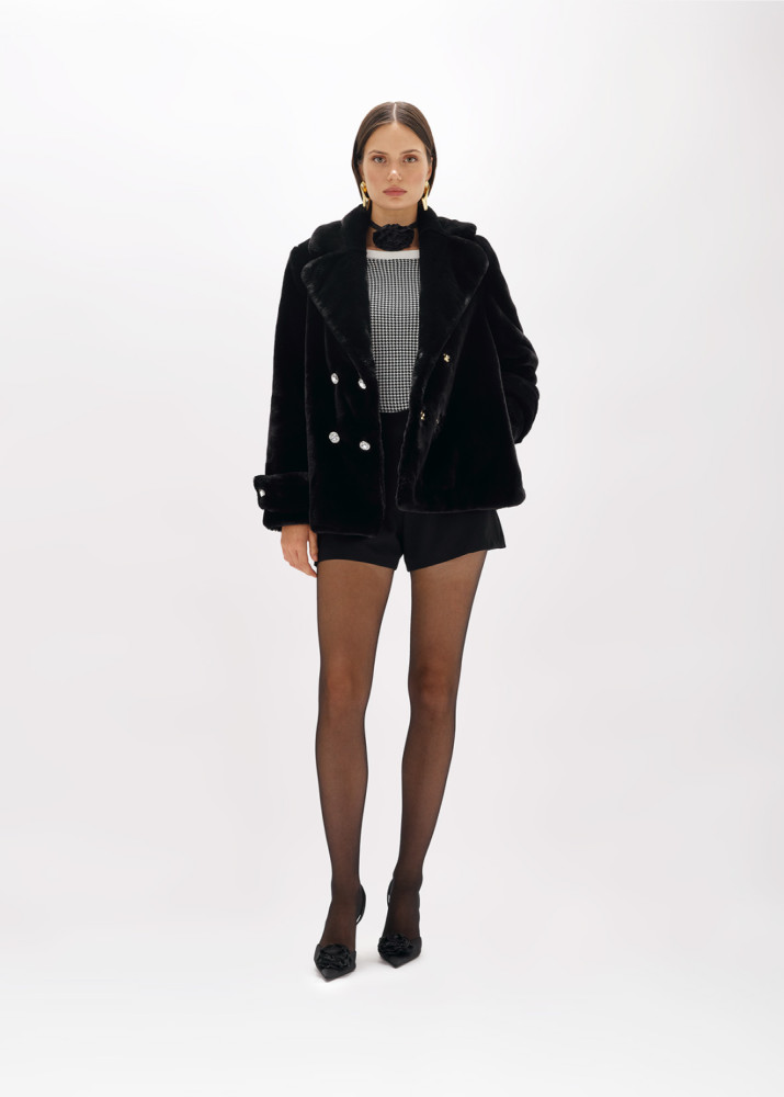 FAUX FUR CROPPED COAT WITH BROOCH