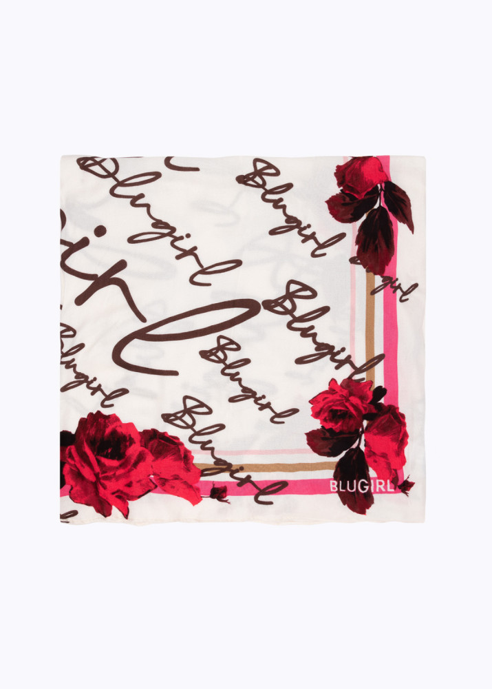 FOULARD SCARF WITH LOGO AND ROSE PRINT