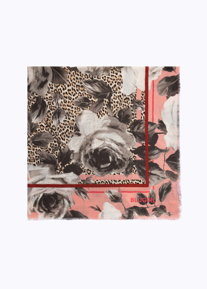 ANIMALIER PRINT WOOL FOULARD SCARF WITH ROSES