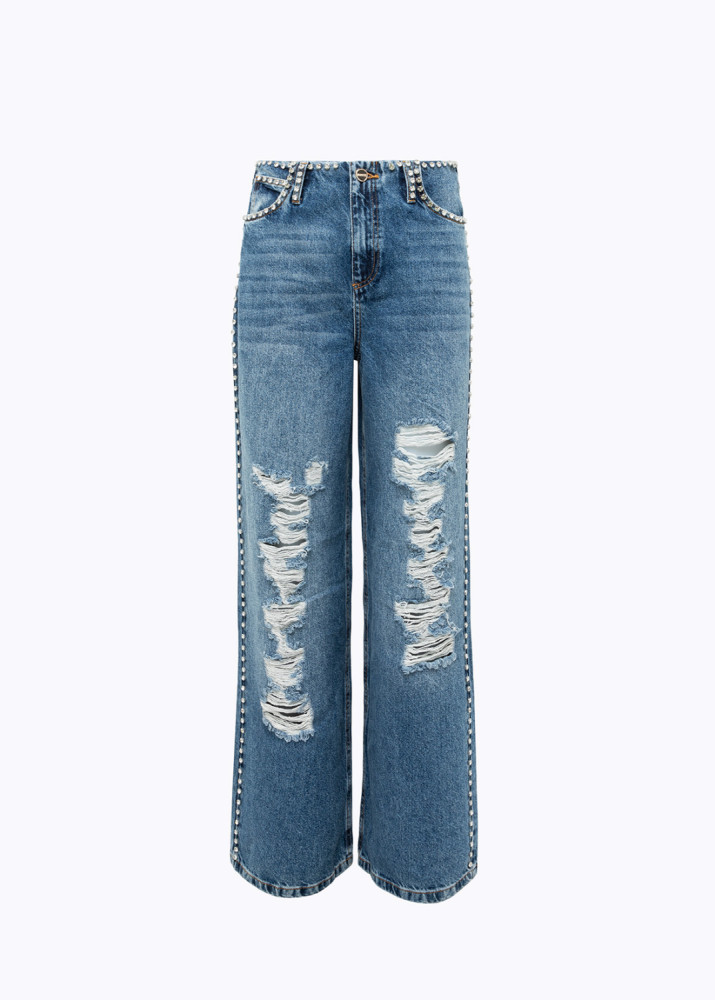 WIDE LEG JEANS WITH RHINESTONE RIVETS