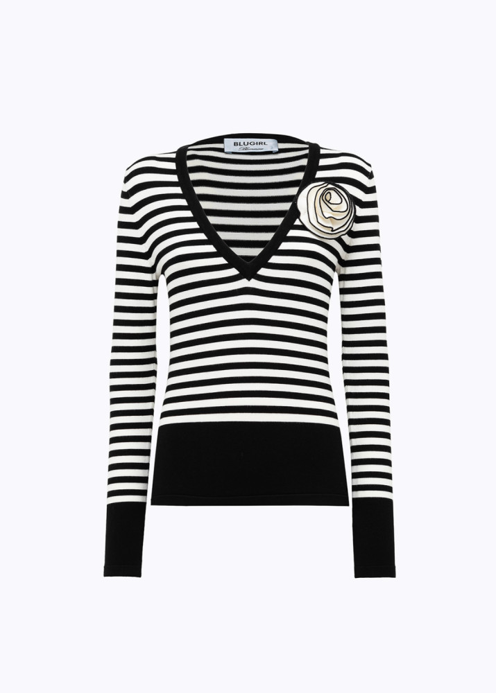 STRIPED SWEATER WITH ROSE BROOCH