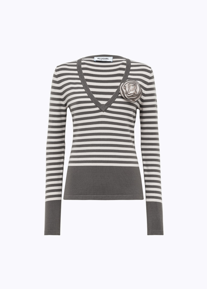 STRIPED SWEATER WITH ROSE BROOCH