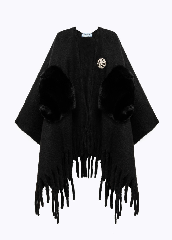 PONCHO WITH FAUX FUR POCKETS