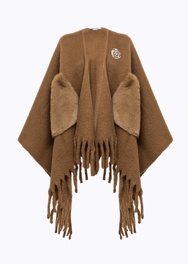 PONCHO WITH FAUX FUR POCKETS