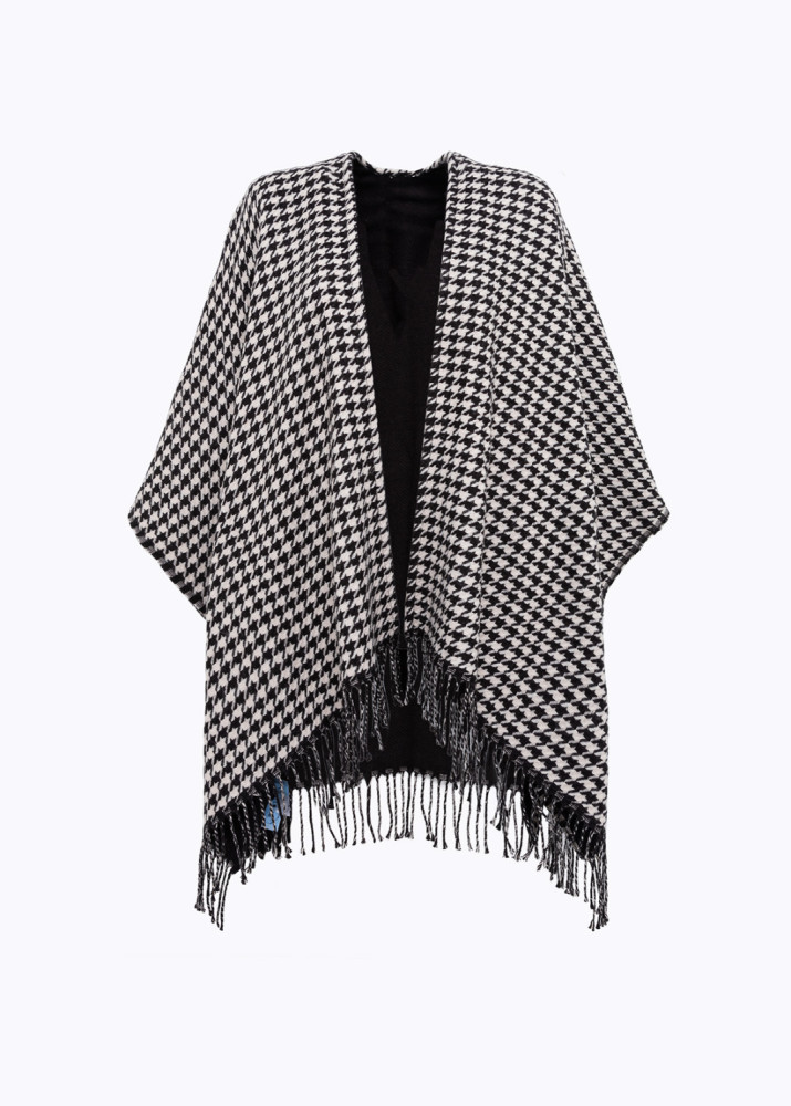 HOUNDSTOOTH PRINT PONCHO WITH BROOCH