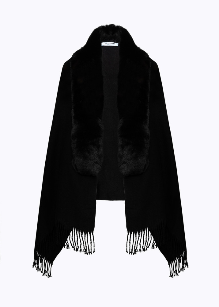 KNIT STOLE WITH FAUX FUR COLLAR