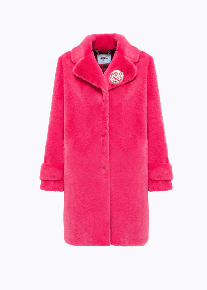 FAUX FUR COAT WITH BROOCH