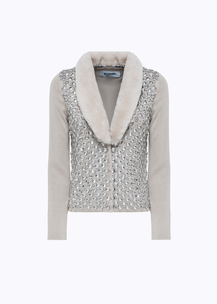 CARDIGAN WITH EMBROIDERY AND FAUX FUR COLLAR